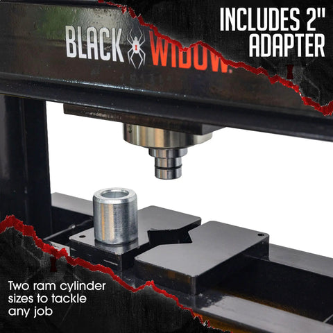 Close-up of 20 Ton Shop Press with Pneumatic or Hand Pump, illustrating heavy duty metal bending with included 2-inch adapter.