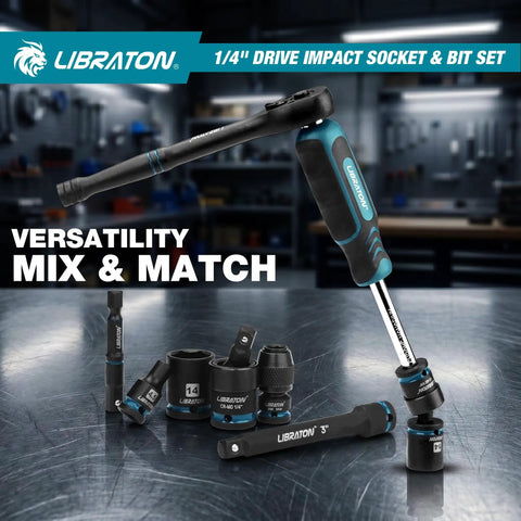 71 Piece 1/4 Inch Impact Socket Set With SAE And Metric Sockets, 90 Tooth Ratchet, Spinner Handle, tools displayed on table