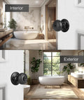Matte Black Interior Door Knob With Lock For Privacy, Coastal Style Door Handle in modern bathroom setting.