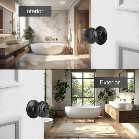Matte Black Interior Door Knob With Lock For Privacy, Coastal Style Door Handle in modern bathroom setting.