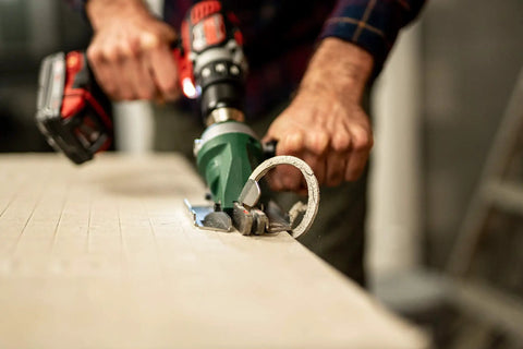 Snapper Shear Pro Drill Attachment For Fiber Cement Board Cutting HardieBacker One Quarter To One Half Inch Thick With Any 18 Volt Or Higher Cordless Drill Contractor Grade For Cutting Any Shape in use