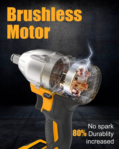 1/2 Inch Cordless Brushless Impact Wrench Kit 300 Ft-Lbs Max Torque 3000 RPM with visible brushless motor.