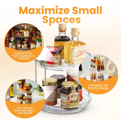 Oizeir clear acrylic two-tier lazy Susan organizer with rotating spice rack for kitchen or pantry