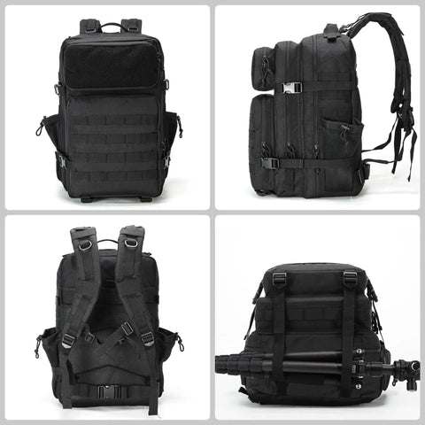 Military Tactical Backpack 45L Bug Out Bag For Travel Hiking And Camping Tough Go To Pack Fits 16 Inch Laptop Black, various angles