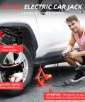 3 Ton Electric Car Jack Set With 12V Automatic Lift Kit lifting SUV, man using remote control. Portable red scissor floor jack.