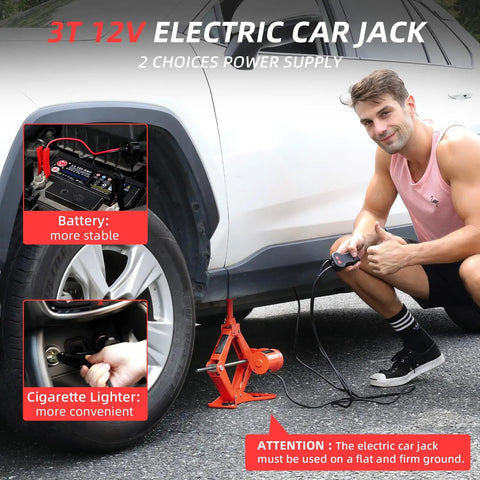 3 Ton Electric Car Jack Set With 12V Automatic Lift Kit lifting SUV, man using remote control. Portable red scissor floor jack.