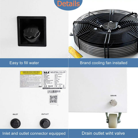 Heavy Duty Industrial Water Chiller With Five Thousand One Hundred Watt Cooling Capacity And Precise Temperature Management For Cnc Spindle And Co2 Laser Tubes To Keep Your Rig Chillin All Season Long showing easy fill, cooling fan, inlet and outlet connectors.