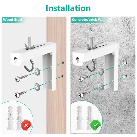 Installation guide for Rock Solid Universal Projector Screen Ceiling Mount With Heavy Duty Steel Brackets, showing wood stud and concrete wall setup.