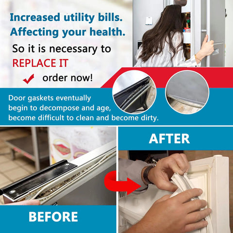 Before and after images showing White Freezer Door Seal Gasket For Refrigerator Replacement 65.8 Inch By 31.5 Inch Easy Install