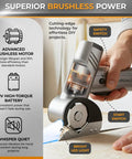 RapidEdge Cordless Electric Scissors With Brushless Motor Cutting At 350rpm showing advanced brushless motor and battery details.