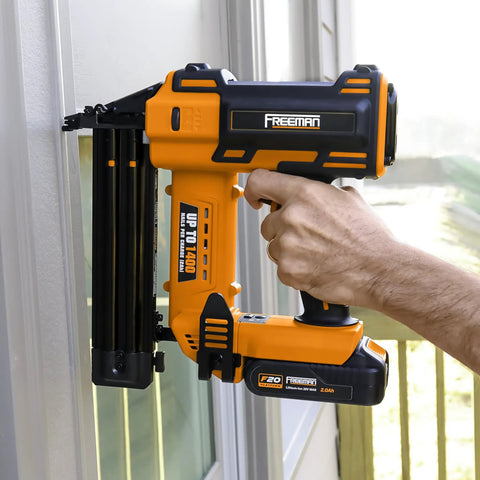 20 Volt Cordless 18-Gauge 2-Inch Brad Nailer Tool Only For Pros And DIYers, in use on indoor window trim, side view