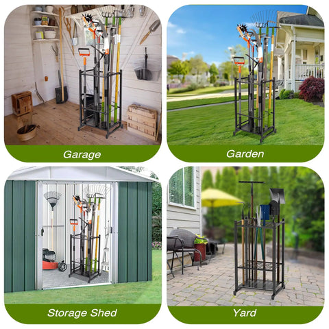 Heavy Duty Steel Garden Tool Organizer Rack For Garage And Shed With 35 Tool Slots, shown in various settings, holding yard tools.