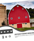 Repair fixing bracket for sliding barn doors with visible hardware components and red barn backdrop