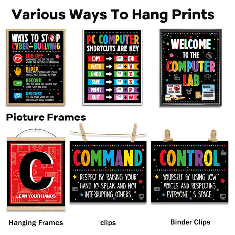 Various ways to hang prints from 19 Poster Pack for Computer Lab and Computer Science Classrooms, Keyboard Shortcuts, Tech Decor.