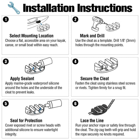 Installation instructions for Heavy Duty Kayak Cleat Kit for Anchor and Rigging, showing step-by-step guide and illustrations.