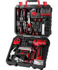 Red 8V Cordless Drill Set With 126-Piece Hand Tool Kit For Women, Lightweight DIY Power Tool Bundle Perfect For Home Projects, Wood And Plastic Drilling, Variable Speed Up To 800 RPM, Includes Bit Set And Case. Open case with red drill and hand tools