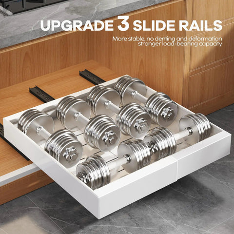 Set Of Two White Pull Out Cabinet Organizer Shelves, Expandable Roll Out Pantry Drawer With Slick Glide Rails, showing weights in deep 21 inch sliding tray.