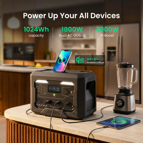 N1000 Portable Power Station 1024Wh 1800W Fast Charge to 80 Percent in 43 Minutes displayed with phone and blender