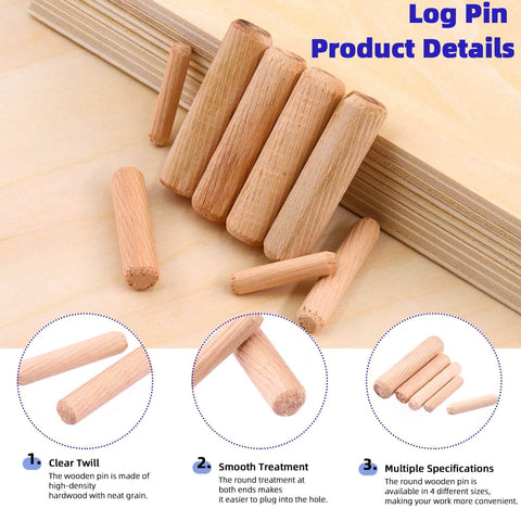 Premium Wood Dowel Pins Set 508 Pieces One Quarter Inch One Five Sixteenth Inch One Three Eighth Inch One Half Inch shown on wood surface
