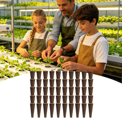 Cone Replacement Blocks for Hydroponic Sponges, 50-Piece Growing System Pods in use at indoor grow setup with plants