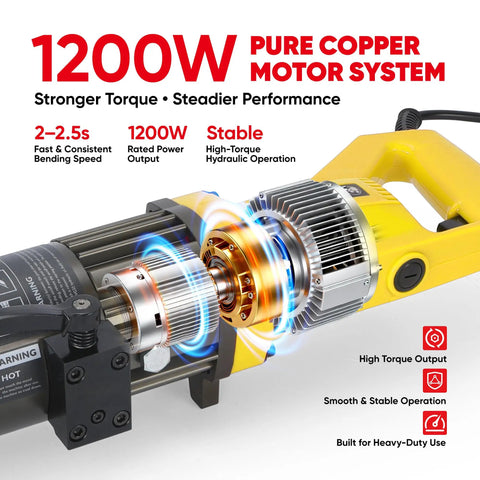 PEResQ Electric Rebar Bender 5/8 Inch Hydraulic Portable Bending Machine 1200W 120V close-up of pure copper motor system with high torque.