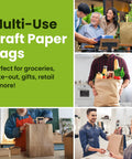 Collage showcasing Heavy Duty Kraft Paper Grocery Bags With Handles Pack Of 100 Bulk 12 x 7 x 14 Inches used for groceries and takeout.