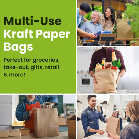 Collage showcasing Heavy Duty Kraft Paper Grocery Bags With Handles Pack Of 100 Bulk 12 x 7 x 14 Inches used for groceries and takeout.