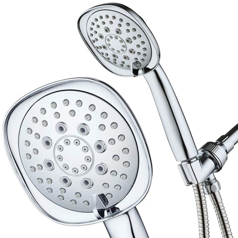 Square 6 Setting High Pressure Hand Shower With Extra Long 72 Inch Stainless Hose Bracket Solid Brass Fittings All Chrome Finish Premium Handheld Shower Head From A Top American Manufacturer Built To Last showing two shower angles