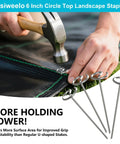 Person using hammer to install galvanized 6 inch round head landscape nails tough as nails anti bending weed barrier stakes.