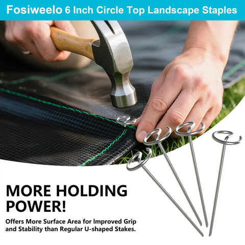 Person using hammer to install galvanized 6 inch round head landscape nails tough as nails anti bending weed barrier stakes.