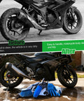 Before and after motorcycle cleaned with 7 Piece Motorcycle Cleaning Kit With Portable Lift Jack For Chain Maintenance And Wheel Cleaning.