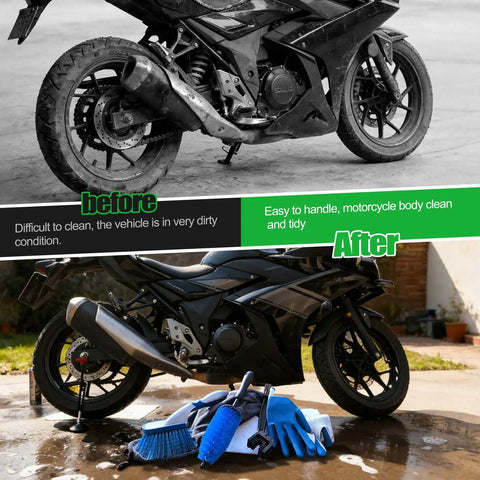 Before and after motorcycle cleaned with 7 Piece Motorcycle Cleaning Kit With Portable Lift Jack For Chain Maintenance And Wheel Cleaning.