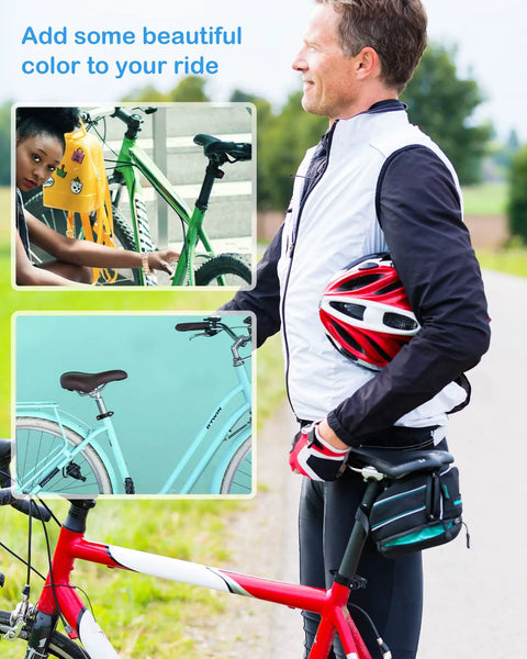 Cyclist holding helmet with colorful bikes and seatpost clips in the background.