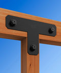 Avant Collection ZMAX Black Powder Coated T Strap for 4x4 Posts on wooden joint, 12-Gauge Steel Exterior Connectors, corrosion resistant.