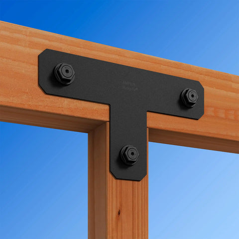 Avant Collection ZMAX Black Powder Coated T Strap for 4x4 Posts on wooden joint, 12-Gauge Steel Exterior Connectors, corrosion resistant.