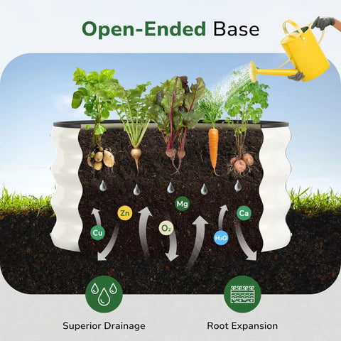 Cross-section view of a 2x2x1 ft round galvanized raised garden bed with superior drainage, promoting root expansion.