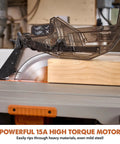 Close-up of 10 Inch Jobsite Table Saw With Wheeled Scissor Stand 15 Amp Motor showing blade cutting wood, focus on motor strength.