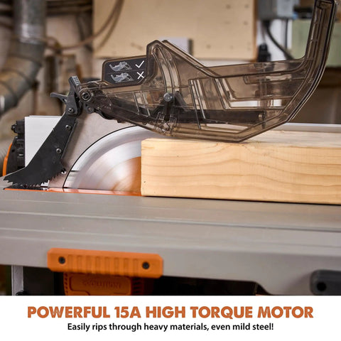 Close-up of 10 Inch Jobsite Table Saw With Wheeled Scissor Stand 15 Amp Motor showing blade cutting wood, focus on motor strength.