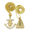 Dope Iced Out Sailboat Yacht And Anchor Pendant Necklace Set In Gold Tone With Two Necklace Set And Layered Chains Including 20 Inch Box Chain And 24 Inch Cuban Chain Plus 30 Inch Long Option For Maximum Bling depicting gold sailboat and anchor pendants with crystals.