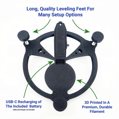 Top view of the Laser Alignment And Leveling Stand For R10 Launch Monitor Version 2.0 with leveling feet and USB-C port.