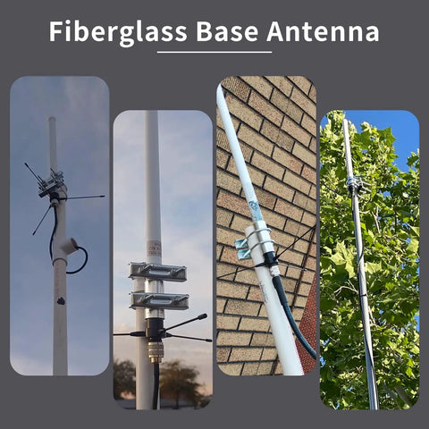 Multiple angles of UHF Fiberglass Antenna With Ground Plane Kit For 400-470 MHz GMRS Base Use, 17 Inch Length, SO239 Connector