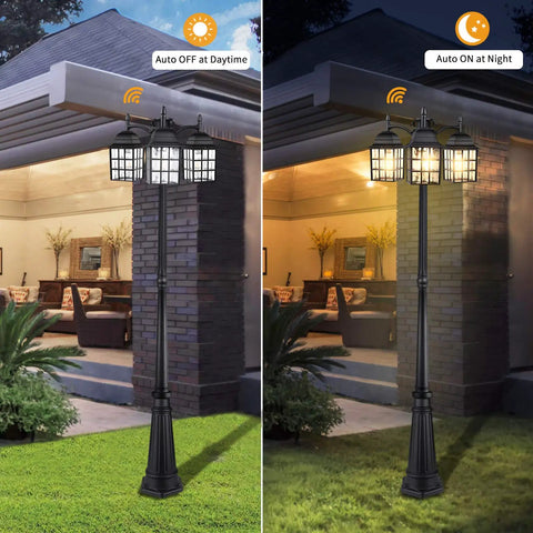 Three Head Outdoor Lamp Post Light Fixture With Dusk To Dawn Photocell Sensor, aluminum hardwired with water ripple glass shade