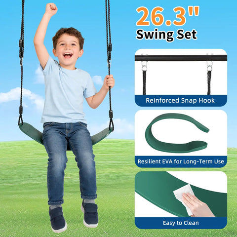Child on Heavy Duty Swing Set Frame with Stand For Backyard Fun 440 lb Capacity 3-in-1 Swing Set, features EVA durability and ease of cleaning.