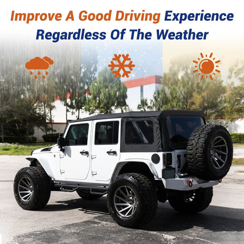Jeep Wrangler with Replacement Soft Top Kit for 2010 2017 2 Door, Tinted Rear Windows, Black Diamond Fabric, Installed Outdoors
