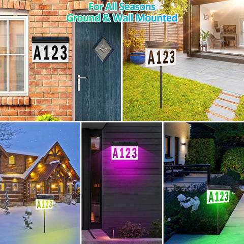 Solar Address Sign for Outside With Remote, Color Changing RGB LED Number Plaque in various outdoor settings