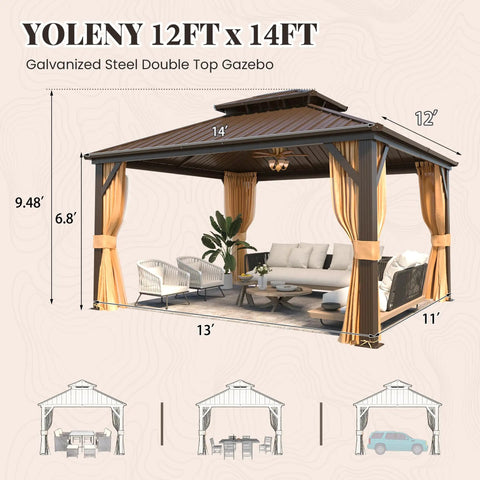 Sturdy 12 By 14 Ft Gazebo With Double Galvanized Steel Roof Aluminum Frame Curtains And Netting Included Outdoor Patio Pergola