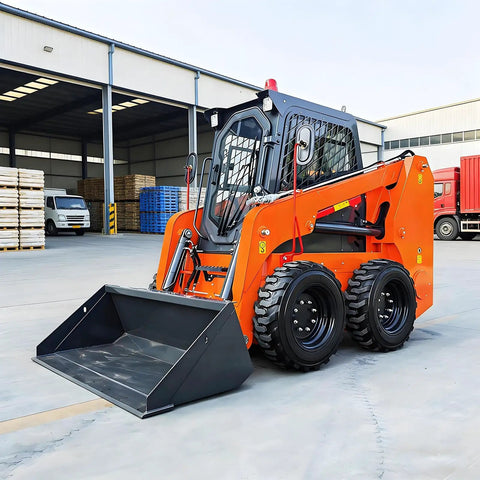 Skid steer loader with Quick Connect System for Skid Steer Attachments parked in urban jobsite.
