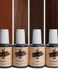 Knockout Match Wood Stain Repair Kit With Brush On Touch Up Bottles for Scratches and Dings showcasing Provincial, Dark Walnut, Ebony, and Red Mahogany bottles.
