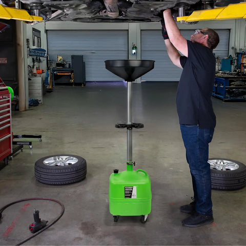 Mechanic using 9 Gallon Oil Drain Pan With 17 Inch Funnel, Adjustable Height From 32 To 62 Inches in auto shop