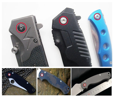 Close-up of folding knife bracket bolts and lock shaft rivets for DIY knifemaking pivot pins and EDC screw fasteners knife handle.